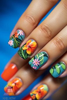 Tropical Floral Nails - Embrace summer with these stunning summer nail designs inspired by tropical flowers. The vivid orange, pink, and green hues bring a burst of summer nail colors to your fingertips. Discover more summer nail colors and inspo at nailhow.com. Summer Nail Inspiration Acrylic, Beach Nails Art, Summer Nail Inspiration, 2023 Nail