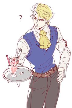 a drawing of a man holding a tray with a cake on it and a drink in the other hand