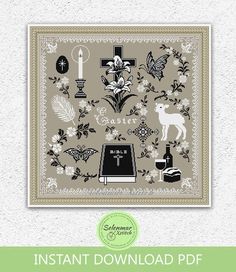 the instant cross stitch pattern is shown in black and white, with an ornate border