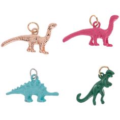 four different types of dinosaur charms in various colors and sizes, one is pink, the other is green