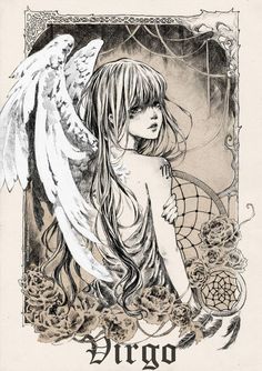 a drawing of an angel with long hair and wings on it's back, sitting in