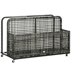 a metal basket with wheels on the side