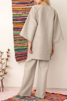 Summer Linen Sets With Straight Pants, Casual Linen Pant Set For Loungewear, Relaxed Fit Linen Sets With Straight Pants, Summer Linen Loungewear Pant Set, Casual Beige Linen Set, Casual Linen Pant Set For Spring, Spring Casual Linen Pant Set, Bohemian Linen Sets For Spring, Spring Linen Long Sleeve Pant Set