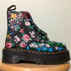 New Dr. Martens Sinclair Floral Mash Up Chunky Platform Leather Boots. Never Worn. No Box. Uk Size 3 Women’s Size 5 No Trades Black Floral Print Boots With Round Toe, Black Leather Boots With Floral Print, Platform Leather Boots, Dr Martens Sinclair, 3 Women, Dr Martens Black, Chunky Platform, Moto Boots, Platform Boots