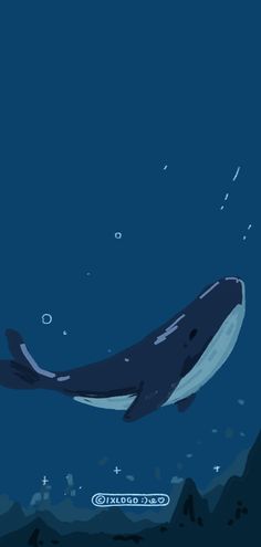 an illustration of a whale swimming in the ocean with bubbles and stars above it's surface