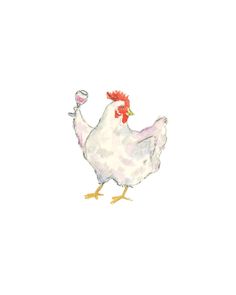 a white chicken with a red comb and a glass in it's beak, standing on one leg