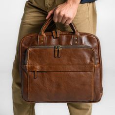 Jay Modern Briefcase in Titan Milled Brown by Moore & Giles Luxury Cognac Briefcase With Main Compartment, Luxury Cognac Briefcase With Double Handle, Luxury Brown Briefcase For Business Trips, Modern Briefcase, Environmental Law, Luxury Leather Bag, Denim Pocket, Online Retail, For Today