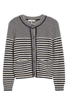 This day-to-night cardigan sweater is updated with lively stripes and tortoiseshell buttons. 20" length (size Medium) Front button closure Crewneck 75% cotton, 25% polyamide Dry clean Imported Striped Sweater With Button Closure For Work, Striped Cardigan With Button Closure For Work, Striped Button Cardigan For Work, Striped Cardigan With Buttons For Work, Stripe Cardigan, Striped Cardigan, Cardigan Sweater, Sweater Cardigan, Dry Clean