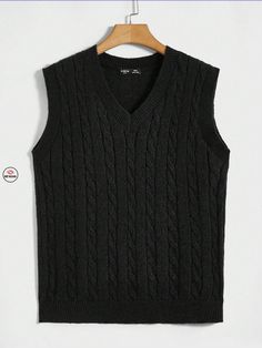 DENGSS  Men Cable Knit Sweater Vest Black Knitted Vest, Men's V Neck Sweaters, Sweater Outfits Men, Boys Sweaters, Men Fashion Casual Outfits, Ribbed Knit Sweater