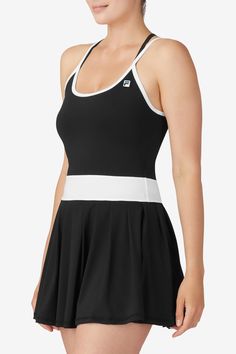 La Finale: Pleated Tennis Dress For Women | Fila Sporty Tennis Activewear With Built-in Bra, Sporty Activewear With Adjustable Straps, Sporty Elastane Activewear With Adjustable Straps, Athleisure Activewear With Adjustable Straps, Black Tennis Dress With Built-in Bra, Sporty Tennis Dress With Built-in Bra For Gym, Fitted Racerback Activewear With Adjustable Straps, Fitted Black Tennis Dress With Built-in Bra, Sporty Fitted Activewear With Adjustable Straps