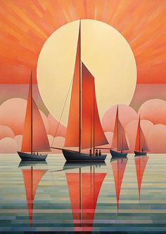 three sailboats are sailing in the ocean under a sunset sky with clouds and sunbursts