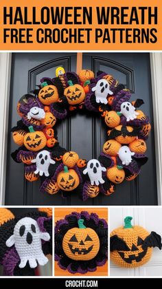 crocheted halloween wreath with pumpkins and ghost faces