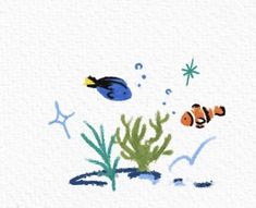 an aquarium scene with clown fish and starfish in the water, painted on white paper