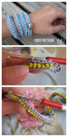 two pictures showing how to crochet bracelets with different colors and designs on them