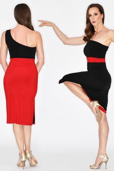 Tango dress Canaro features a sheath shape with a side slit, a double layer fabric and a contrastive red belt for a reversible look. Asymmetric neckline adds elegance to this gown and will make you tango forever #tangodress #tangodresses #tangomode #tangofashion #asymmetricneckline