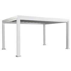 an outdoor table with white metal legs and a square top on the bottom, against a white background