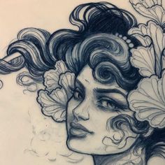 a drawing of a woman with flowers in her hair