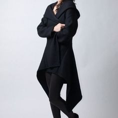 Black Irregular Cloth Hooded Jacket Asymmetrical Coat, Defined Waist, Long Sleeve Coat, Irregular Hem, Outwear Jackets, Long Sleeves Coats, Hooded Coat, Long Sleeve Tunic