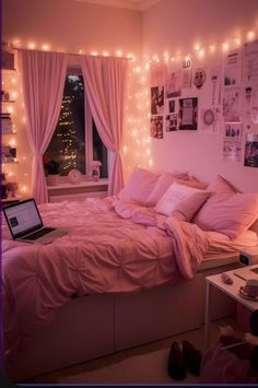 a bedroom decorated in pink and white with string lights on the wall above the bed