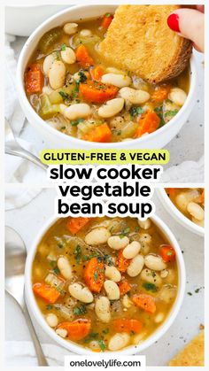 two bowls of slow cooker vegetable bean soup with toasted bread on the side