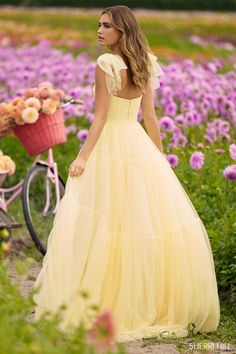 Sherri Hill 56126 Swiss dot fabric ball gown with bow ties on straps. Yellow Sherri Hill Prom Dress, Sherri Hill Ballgown, Yellow Prom, Swiss Dot Fabric, 2024 Prom, Princess Sleeves, Wedding Vision, Dot Fabric, Gown Prom