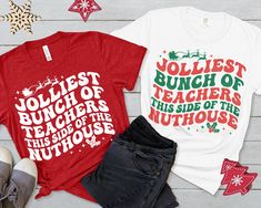 Teacher Christmas Shirts Svg, Christmas Teacher Shirts, Cricut Funny, Retro Christmas Shirt, Education Shirts, Jolliest Bunch, Christmas Shirt Svg, Christmas Cut Files, Funny Christmas Shirts