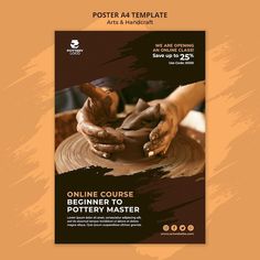 a poster with hands making pottery on the potter's wheel in front of an orange background