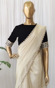 golden saree with black velvet top Golden Tissue Saree, Black Sari, Label Kanupriya, Black Velvet Blouse, Golden Saree, Black Velvet Top, Blouse Stitching