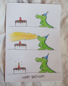 a birthday card with an image of a dinosaur and a cake