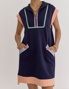 Textured solid zip up cap sleeve mini dress featuring pocket at sides. Slit at sides. Unlined. Knit. Non-sheer. Lightweight. Fashion Cupcakes, Zipper Dress, Scarf Belt, Jumpsuits And Romper, Denim Romper, Capri Blue, Dress Zipper, Kimono Jacket, Animal Pillows