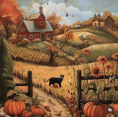 a painting of a farm scene with a black cat and pumpkins