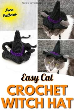 the instructions for crochet witch hats are shown in three different pictures, including one cat wearing a witches hat