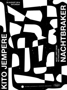 a poster with black and white designs on it's sides, including an abstract design