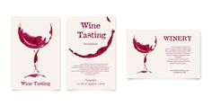 three wine tasting cards with the words wine tasting written on them and two glasses of red wine