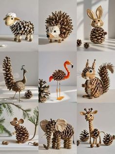 many different pictures of animals made out of pine cones