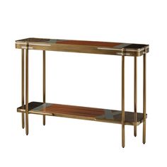 a gold and black console table with two shelves on each side, one shelf holding a wooden