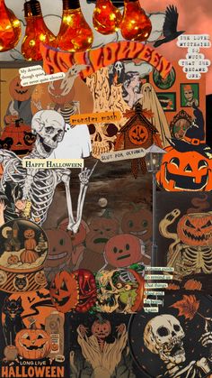 a collage of halloween images with pumpkins and skeletons