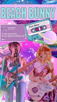 two women are playing guitars and singing into a microphone with an old cassette player in the background