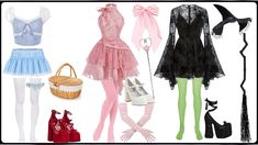 there are many different outfits and accessories on this page, including shoes, dresses, purses, hats, scarves