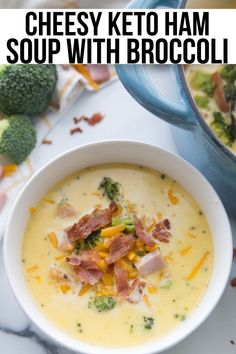 two bowls of cheese keto ham soup with broccoli