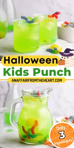 A glass jug with Halloween kids punch and gummy worms. Dye Free Halloween Punch, Infant Halloween Party Ideas, Spooky Halloween Food For Kids, Halloween Snack Craft, Halloween Meal For Kids, Witches Brew Kids Punch, Fall Party Drinks For Kids, Edible Glitter Drinks For Kids, Halloween Juice Ideas