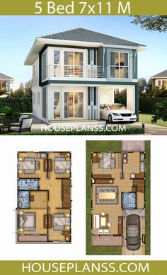 three story house plan with 3 beds and 1 bathrooms in the front, one bedroom on the