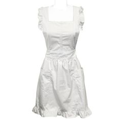 Fun and flirty, this apron allows you to manage your kitchen in style. This apron features two pockets for storing kitchen utensils when your hands are busy. Ruffles on the shoulders and bottom along with a gathered cut provide a feminine touch. Use this apron while cooking, for playing hostess, or for cosplay costumes. Suggested Size 0-6. Dimensions: 29.5L x 40W inches (widest point). Waist straps 79 inches total (see image). crisscross shoulder straps 28 inches. Material: Thick Cotton. Great Q Maid Apron, Kitchen Maid, Grill Apron, Lace Tape, Apron With Pockets, Retro Apron, White Apron, Cotton Apron, Apron Pockets