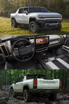 the interior and dashboard of a pickup truck in two different pictures, one is white with black trim