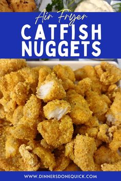 fish nuggets with text overlay that reads air fryer catfish nuggets