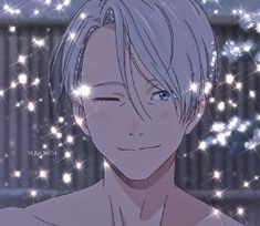 an anime character with short hair and blue eyes is staring at the camera, surrounded by sparkling stars