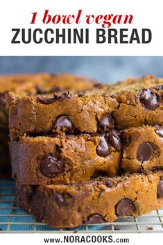 chocolate chip zucchini bread on a cooling rack with text overlay that reads 1 loaf vegan zucchini bread