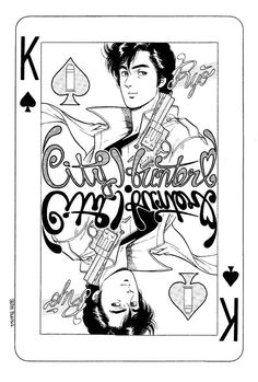 a playing card with an image of a man holding a guitar and the words, love is