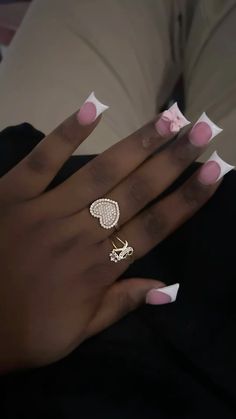 Acrylic Nail Designs With Charms, Short White French Tip, Short Nail Inspo 2024, Duck Tip Acrylic Nails, Pink Rhinestone Nails, Duck Nail, Short Blinged Out Nails, Short French Tip Nails