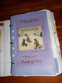 an open children's book with the title adoration praise and thanksgiving written on it